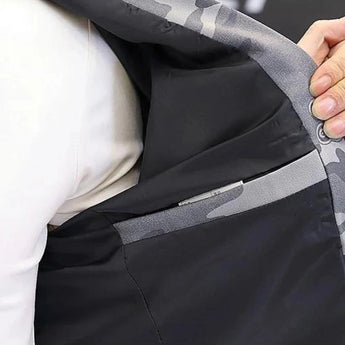 Men's grey camo slim-fit button-up shirt featuring long sleeves, a collared neckline, and a tailored waist, designed for an urban street style look.