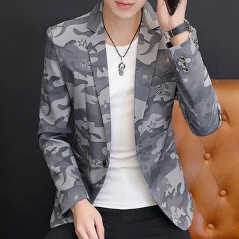 Men's grey camo slim-fit button-up shirt in urban street style, featuring long sleeves and a collared neckline, displayed in XL size.