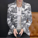 Men's grey camo slim-fit button-up shirt with a stylish urban street style design, featuring a classic collar and long sleeves, displayed in a size XL and predominantly grey with white camo pattern.