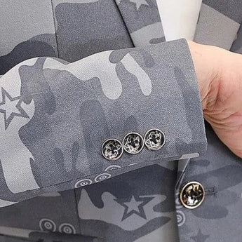 Men's grey camo slim-fit button-up shirt with long sleeves, featuring an urban street style design with a camouflage pattern.