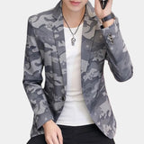 Men's grey camo slim-fit button-up shirt featuring a stylish urban street style design, shown with long sleeves and a comfortable neckline.