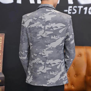 Men's grey camo slim-fit button-up shirt featuring a stylish urban street style design with a collared neckline, long sleeves, and a tailored fit.