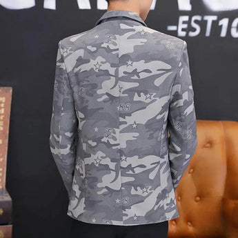 Men's grey camo slim-fit button-up shirt featuring a stylish urban street style design with a collared neckline, long sleeves, and a tailored fit.