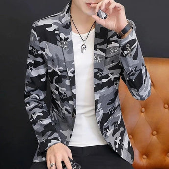 Men's grey camo slim-fit button-up dress shirt in black, size XL, featuring long sleeves and an urban street style design.