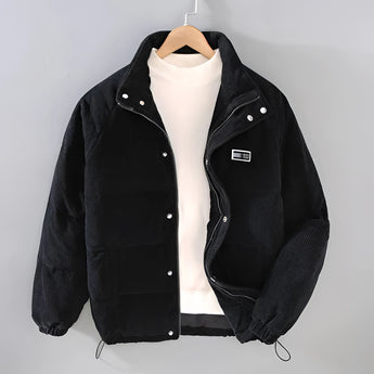 Men's black corduroy insulated winter jacket with a high collar and button details, urban style, featuring long sleeves and a cozy design suitable for cold weather.