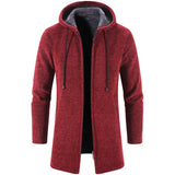 Men's burgundy red fleece-lined thermal winter coat with an insulated hood, featuring long sleeves and a warm, fur-lined collar.