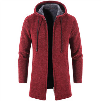 Men's burgundy red fleece-lined thermal winter coat with an insulated hood, featuring long sleeves and a warm, fur-lined collar.
