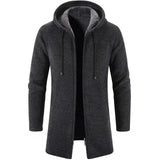 Men's dark gray fleece-lined thermal winter coat with insulated hood, featuring long sleeves and a tailored fit.