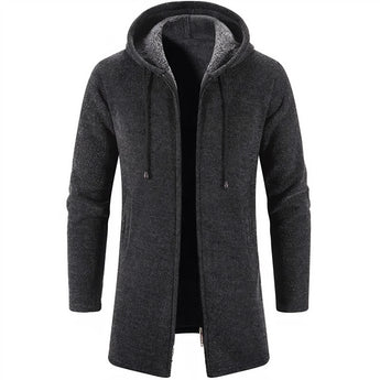 Men's dark gray fleece-lined thermal winter coat with insulated hood, featuring long sleeves and a tailored fit.