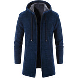 Men's marine blue thermal winter coat with a fleece lining, featuring an insulated hood, button closures, and a sleek design suitable for cold weather outings.