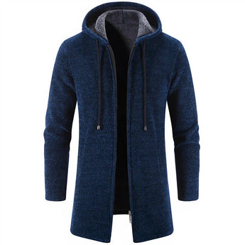 Men's marine blue thermal winter coat with a fleece lining, featuring an insulated hood, button closures, and a sleek design suitable for cold weather outings.