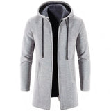 Men's light grey fleece-lined thermal winter coat featuring a hood, visible sleeves, and button closure, designed in an overcoat style suitable for cold weather.