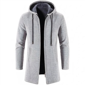 Men's light grey fleece-lined thermal winter coat featuring a hood, visible sleeves, and button closure, designed in an overcoat style suitable for cold weather.
