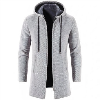 Men's light grey fleece-lined thermal winter coat featuring a hood, visible sleeves, and button closure, designed in an overcoat style suitable for cold weather.