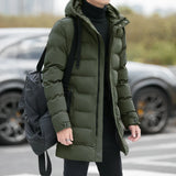 Men's green long puffer winter coat with a hood, featuring insulated material and designed with a large size (4XL). The coat includes a full-length front zipper, long sleeves, and a waist-length fit.