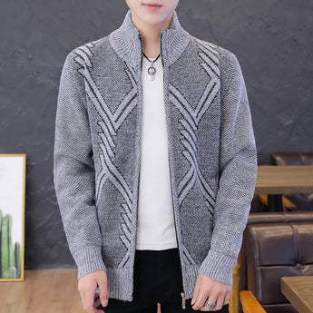 Men's grey knit bomber jacket with geometric wool pattern, featuring a zip-up front design, long sleeves, and a collar, suitable for winter fashion.