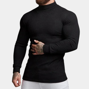 Men's fitted muscle fit winter sweater, featuring a grey knit turtleneck design, with long sleeves and shown in black, size XL.