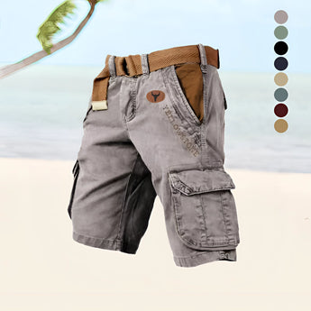 Men's grey lightweight cargo shorts with multiple pockets and a belt, shown in size 5XL.