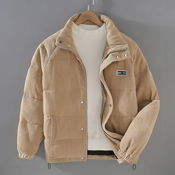 Men's grey quilted puffer jacket with corduroy patchwork detailing, featuring a button-up front and collar, long sleeves, and designed for winter wear in size 2XL, Cachi variant.