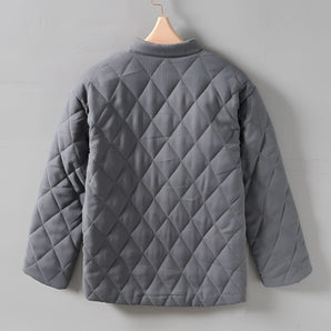 Men's grey quilted thermal crewneck sweater with a diamond pattern, featuring long sleeves and a round collar, suitable for winter wear.