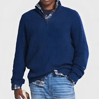 Men's grey ribbed half-zip sweater suitable for fall and winter, shown here in Blu Scuro color in size 4XL1, featuring a high collar and long sleeves, paired with jeans.