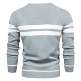Men's grey ribbed knit sweater with a crew neck and striped pattern, featuring long sleeves, designed for winter fashion.