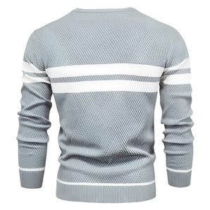 Men's grey ribbed knit sweater with a crew neck and striped pattern, featuring long sleeves, designed for winter fashion.