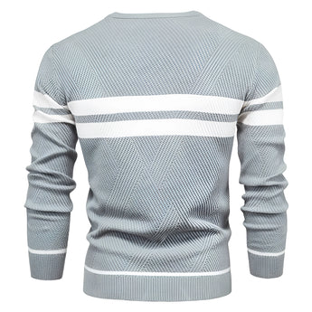 Men's grey ribbed knit sweater with a crew neck and striped pattern, featuring long sleeves, designed for winter fashion.