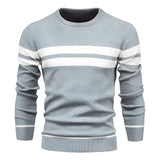 Men's grey ribbed knit striped crew neck sweater with long sleeves, showcasing winter fashion style in a Blu Inferno colorway, size 2XL.
