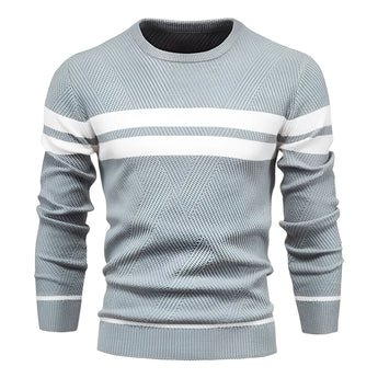 Men's grey ribbed knit striped crew neck sweater with long sleeves, showcasing winter fashion style in a Blu Inferno colorway, size 2XL.