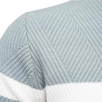 Men's grey ribbed knit sweater with striped design, featuring a crew neck and long sleeves, ideal for winter fashion.