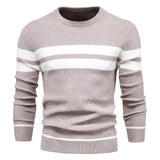 Men's grey ribbed knit sweater featuring a striped design, crew neck, and long sleeves, displayed in a 2XL size Cachi variant, suitable for winter fashion.