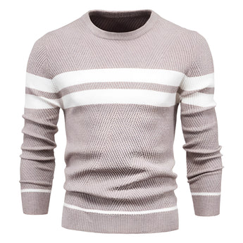 Men's grey ribbed knit sweater featuring a striped design, crew neck, and long sleeves, displayed in a 2XL size Cachi variant, suitable for winter fashion.