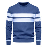 Men's dark blue and grey ribbed knit sweater with striped pattern, featuring a crew neck and long sleeves, suitable for winter fashion.