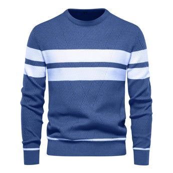Men's dark blue and grey ribbed knit sweater with striped pattern, featuring a crew neck and long sleeves, suitable for winter fashion.