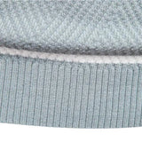 Men's grey ribbed knit striped crew neck sweater featuring long sleeves and a woolen texture, styled for winter fashion.
