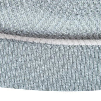 Men's grey ribbed knit striped crew neck sweater featuring long sleeves and a woolen texture, styled for winter fashion.