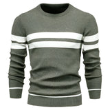 Men's military green ribbed knit crew neck sweater with long sleeves and grey striped pattern, showcasing winter fashion style in size 2XL.