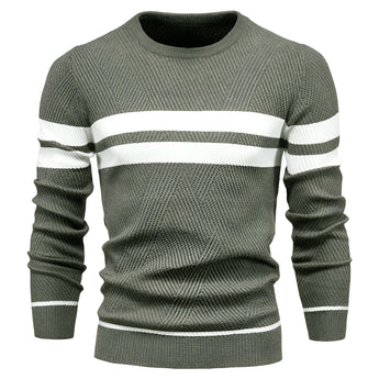 Men's military green ribbed knit crew neck sweater with long sleeves and grey striped pattern, showcasing winter fashion style in size 2XL.