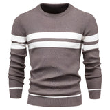 Men's grey ribbed knit sweater with striped design, featuring a crew neck and long sleeves, styled for winter fashion.