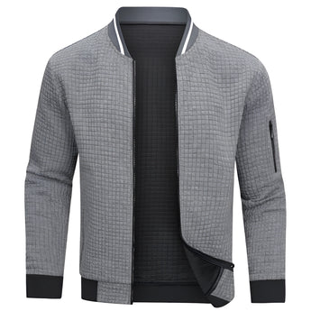 Men's grey slim fit lightweight bomber jacket featuring a classic collar and an arm pocket, shown in size 3XL.