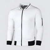 Men's grey slim fit lightweight bomber jacket featuring an arm pocket, designed with a jersey-like texture and a sleek appearance, showcasing long sleeves and a fitted waist.