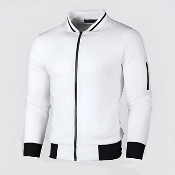 Men's grey slim fit lightweight bomber jacket featuring an arm pocket, designed with a jersey-like texture and a sleek appearance, showcasing long sleeves and a fitted waist.