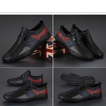 Men's grey slip-on sneakers featuring red accents, designed for style and comfort, suitable for walking and outdoor activities.