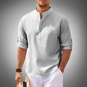 Men's grey and white striped Henley shirt in slim-fit style, showcasing the upper body and arms of a male model wearing a size 5XL.