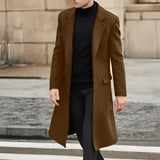 Men's grey wool winter coat, stylish urban fashion overcoat, shown in brown color, size 3XL, featuring a collar, long sleeves, and knee-length fitting.