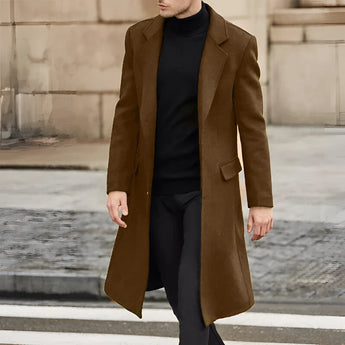 Men's grey wool winter coat, stylish urban fashion overcoat, shown in brown color, size 3XL, featuring a collar, long sleeves, and knee-length fitting.