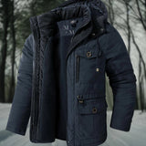 Men's heavy-duty insulated winter parka in electric blue, featuring a hood, water-resistant material, full sleeves, and buttoned collar, size 2XL.