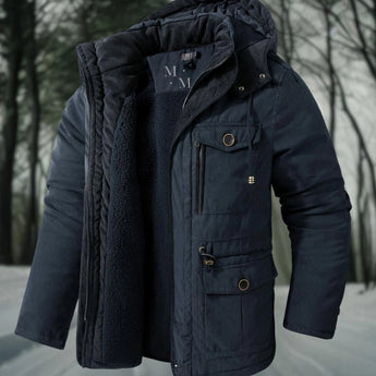 Men's heavy-duty insulated winter parka in electric blue, featuring a hood, water-resistant material, full sleeves, and buttoned collar, size 2XL.