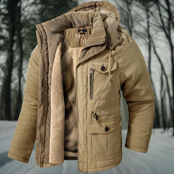 Men's heavy-duty insulated winter parka in khaki, size 2XL, water-resistant with hood and sleeves, perfect for snowy weather.